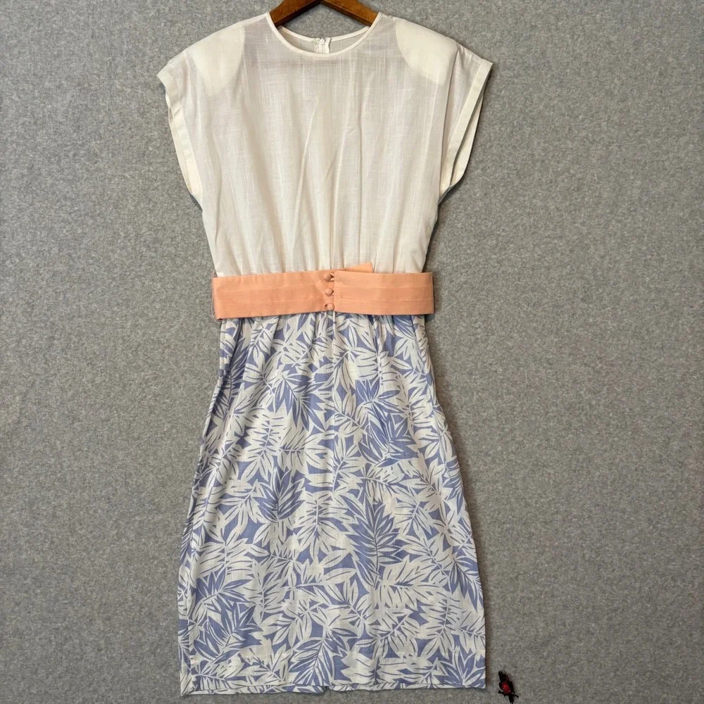 Vintage Leslie Fay Womens 12 2pc Tea Dress Set Blue White Tropical Palm Leaf 80s - Picture 3 of 14